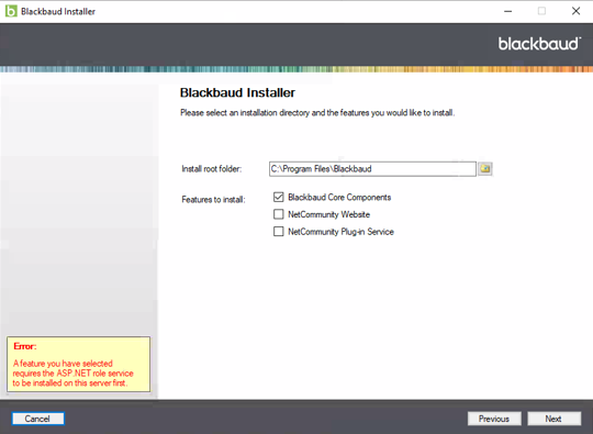 The Blackbaud CRM installer showing the missing ASP.NET role service error