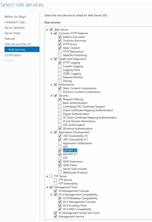 The IIS role services that Blackbaud CRM and BBIS require, checked