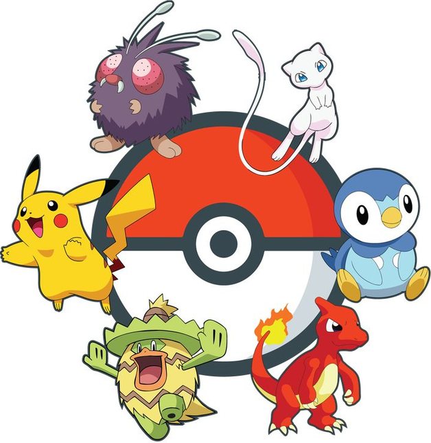 Pikachu, Charmander, Piplup, Mew, Venonat and Ludicolo gathered around a Poké Ball