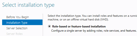 The Role-based or feature-based installation option selected
