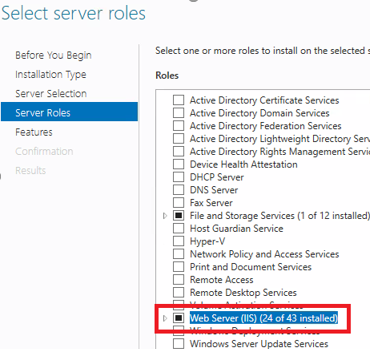 Web Server (IIS) checked in the list of server roles