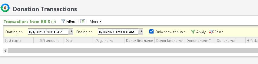 The donation transaction viewer’s filters.