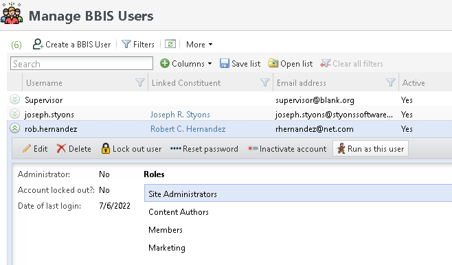 The BBIS User Management page, listing BBIS users.