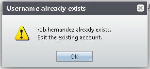 The warning shown when a user name is already in use.