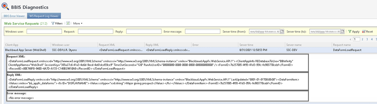 The web service request log viewer.