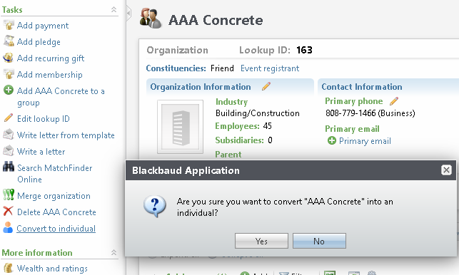 An organization constituent record, with the Convert to individual task.
