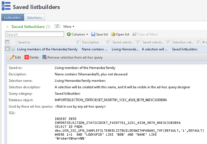 The Listbuilders tab, with a saved listbuilder expanded to show its details and SQL.