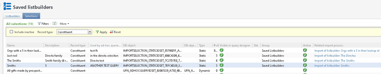 The Selections tab, listing every selection in CRM with its process, row count and database object.