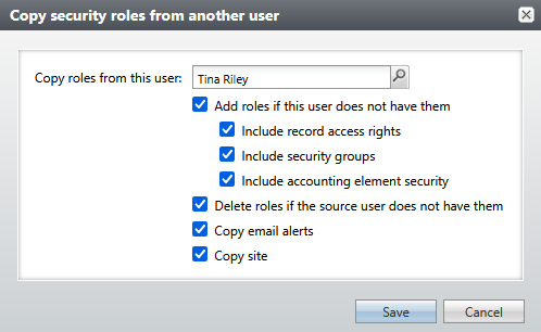 The “Copy security roles from another user” dialog, showing the user search field and all of the copy options.